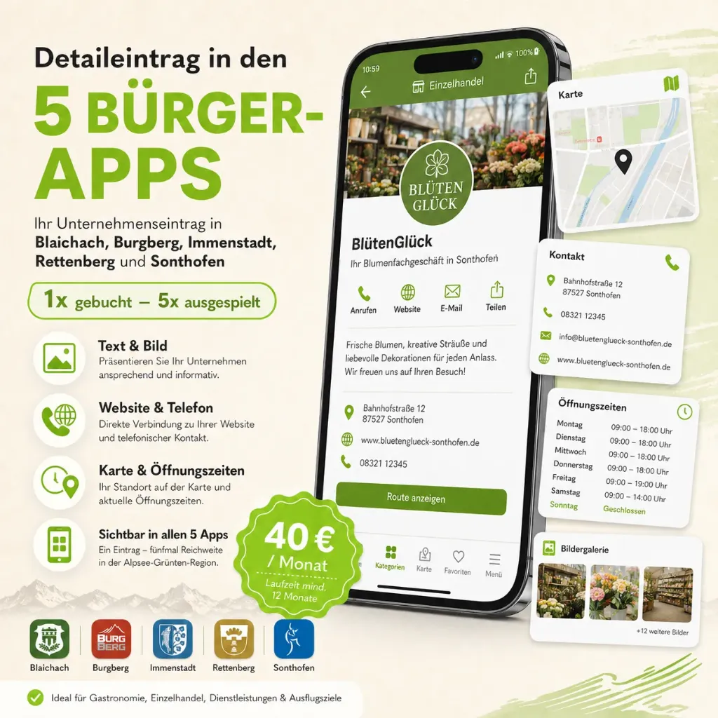 5 Orte 5 Apps - eine Region (Premium Eintrag (pro Monat))