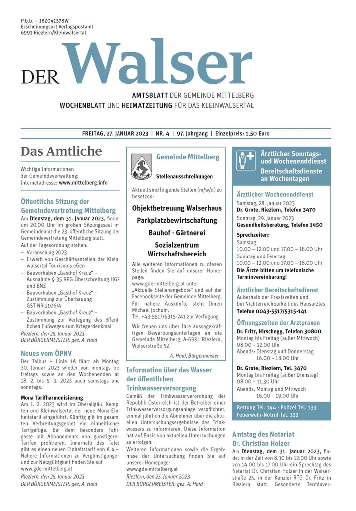 Der Walser "mm Preise" (1-spaltig (43mm), 4c / pro mm Höhe = Menge, KW 01)